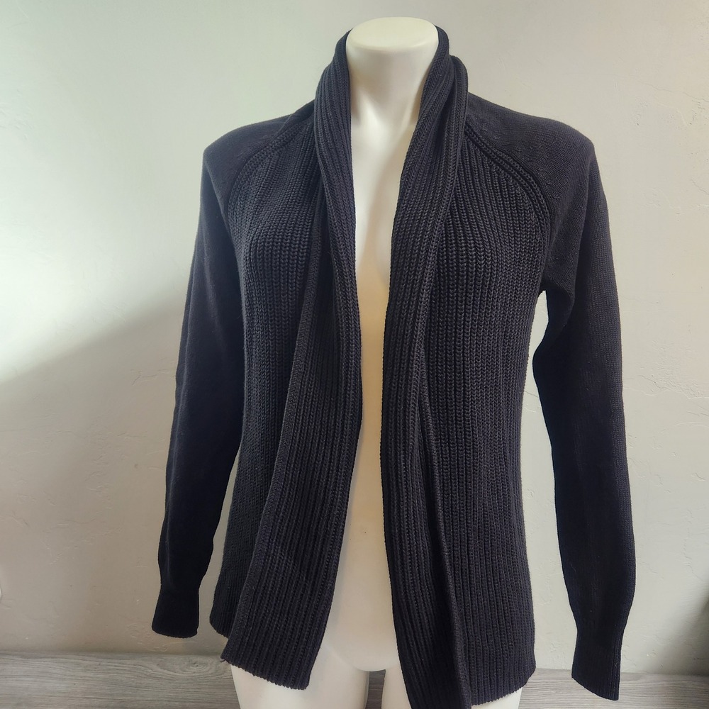 LLBean‎ Women Black Cardigan Sweater Size S Ribbed Knit Shawl Collar